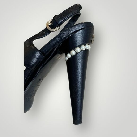 Chanel Leather Pearl Slingback Pumps 37.5 - Picture 6 of 9
